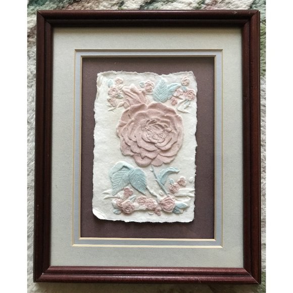 Rose - Vintage Framed Hand Cast Paper Artwork - Figi Graphics - Signed - Picture 1 of 9